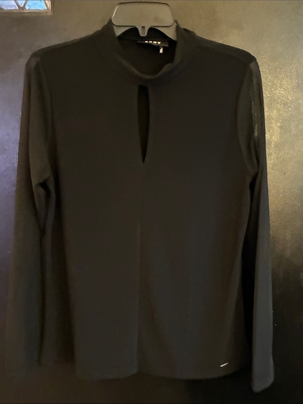 DKNY Black Mesh Long-Sleeve Keyhole Top